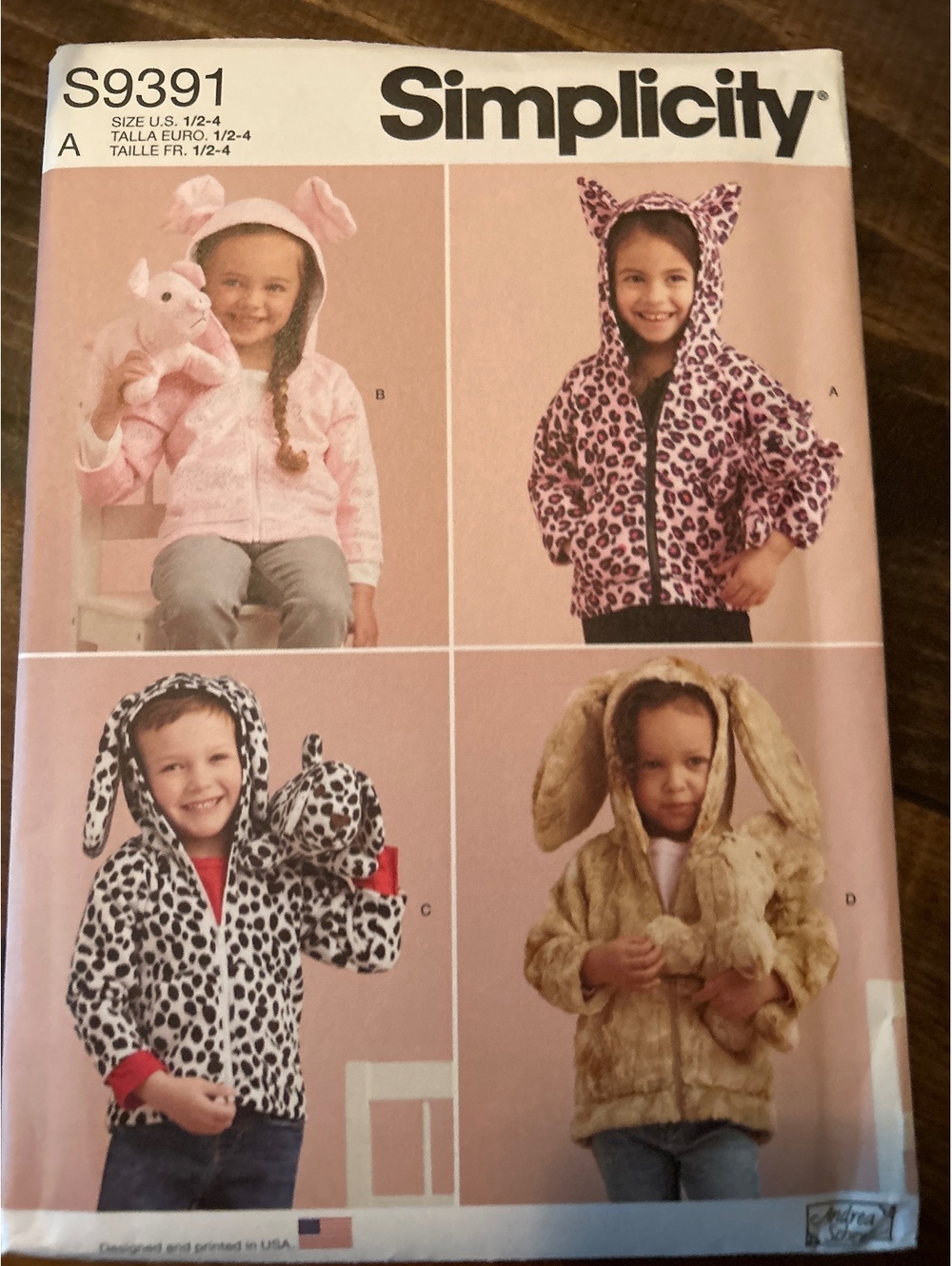Simplicity S9391 Children's Animal Hooded Jackets Sewing Pattern Size 1/2-4